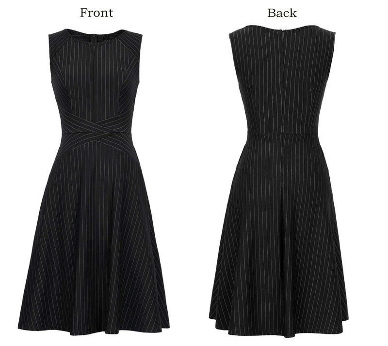 VFSHOW Womens Black and White Striped Print Elegant Slim Zipper up Pockets Work Business Office Party Skater A-Line Dress 2350 BLK M - Image 3